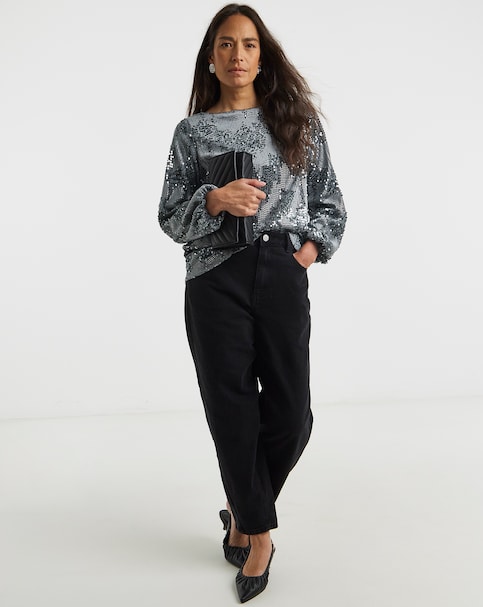 Velvet Sequin Slash Neck Volume Sleeve Top