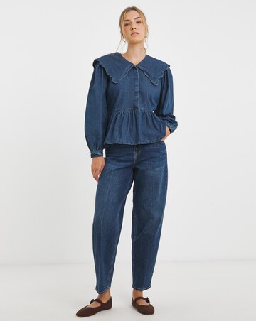 Simply Be Mid Blue Denim Scalloped Collar Peplum Blouse