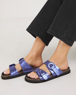Simply Be Alisha Leather Double Buckle Footbed Sandals - Extra Wide Fit (EEE)