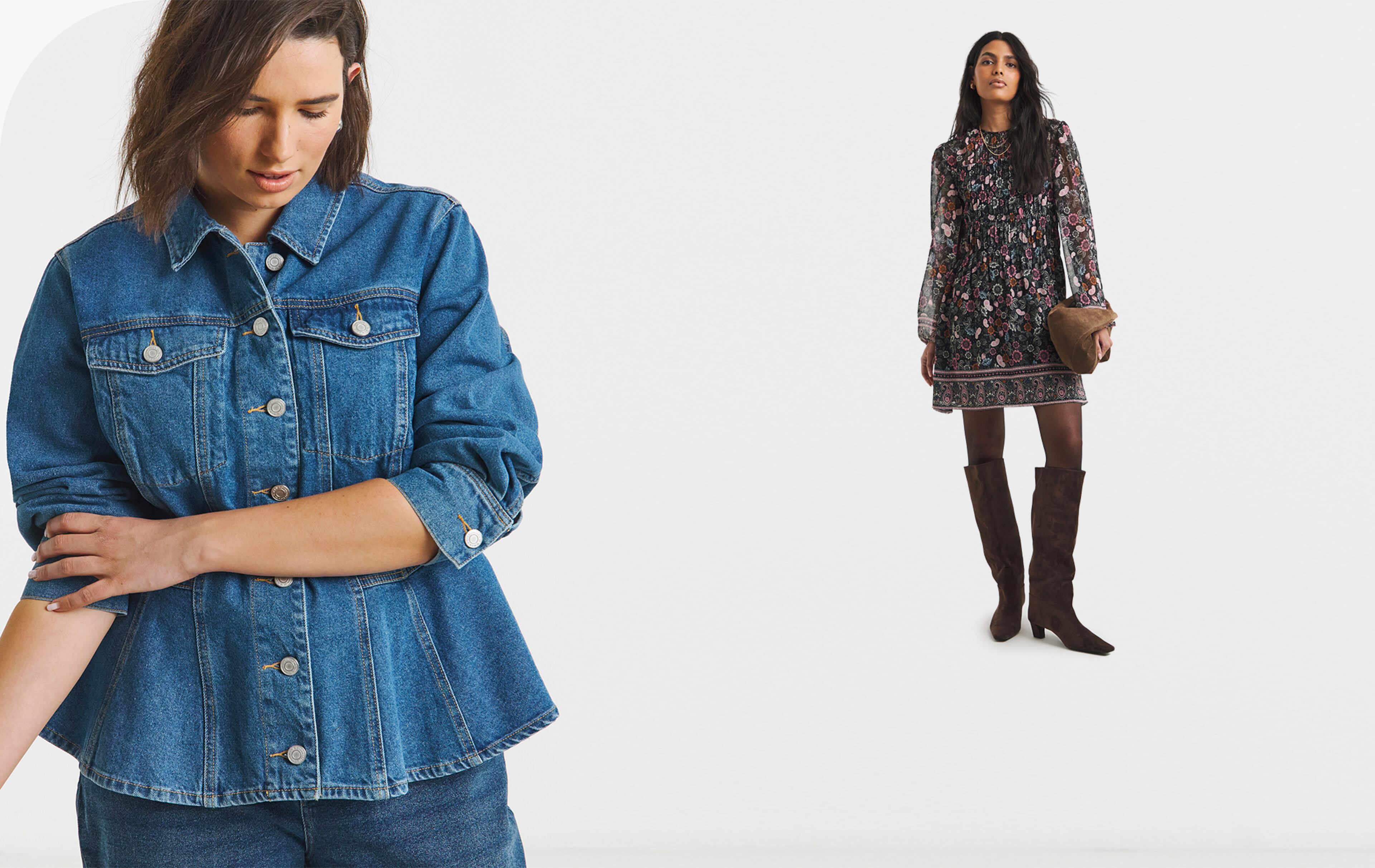 Two women are shown wearing different outfits. On the left, a person stands close to the camera wearing a denim jacket. On the right, another person stands further back wearing a patterned long-sleeve dress.