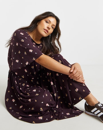 Ditsy Print Boat Neck Midi Dress