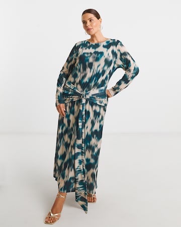 Blur Print Mesh Ruched Buckle Detail Midi Dress