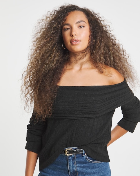 Simply Be Snug Black Chunky Bardot Ribbed Jumper