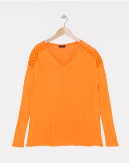 Orange V Neck Lace Back Long Sleeve Top
