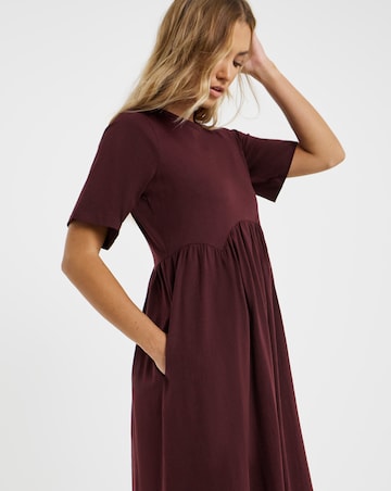 Burgundy Jersey Smock Midi Dress With Pockets