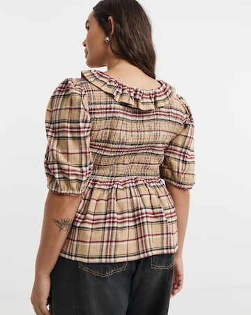 Native Youth Brushed Check Shirred Top with Frill and Peplum