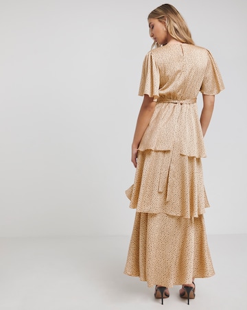 Flounce London Camel Black Spot Satin Tiered Maxi Dress