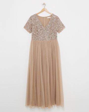 Maya Curve V-Neck Sequin Embellished Tulle Maxi Dress