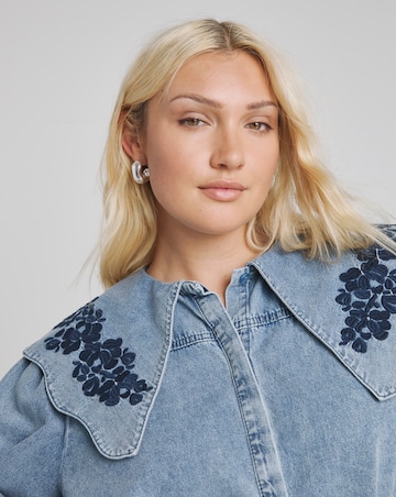 Mid Wash Puff Sleeve Denim Blouse with Embroidered Collar