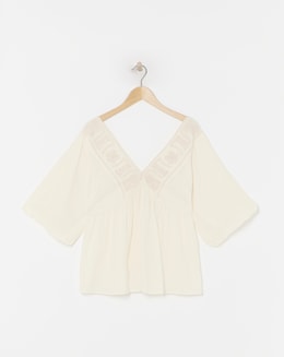 Simply Be Ivory Embroidered Cornelli V Neck Smock Top