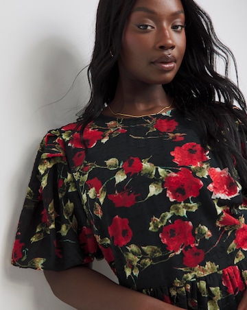 Lovedrobe Textured Floral Pleated Sleeve Midi Dress
