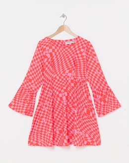 Twisted Wunder Pink Flower Check Flared Sleeve Mini Dress