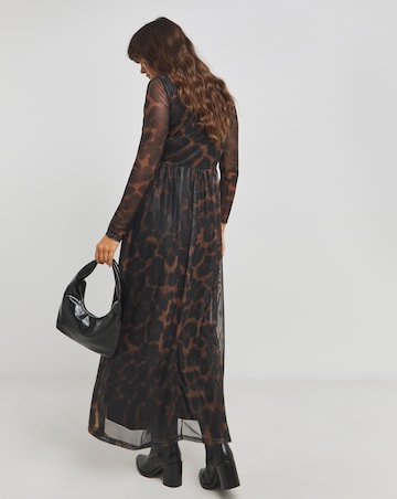 Leopard Print Long Sleeve Mesh Midi Dress