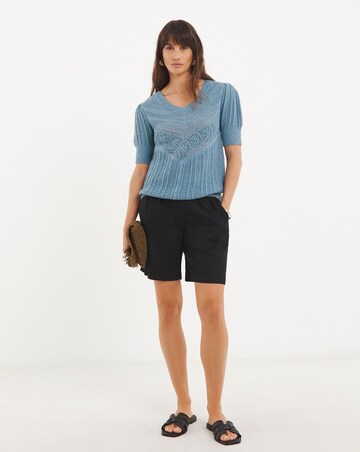 Blue Crochet V Neck Short Sleeve Jumper