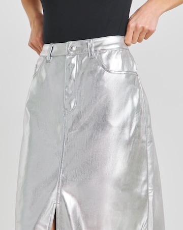 Silver PU Front Split Midaxi Skirt