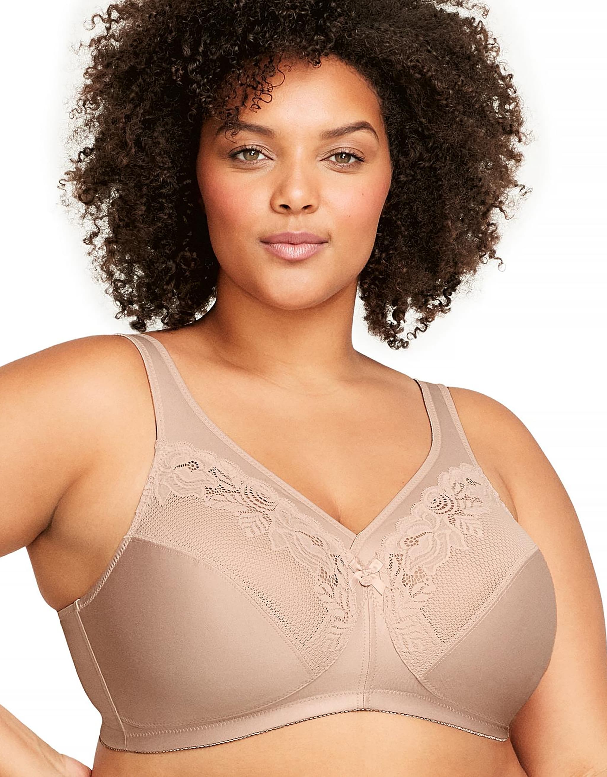 A woman wearing nude minimiser bra