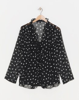 Black Spot Tie Detail Ruffle Blouse