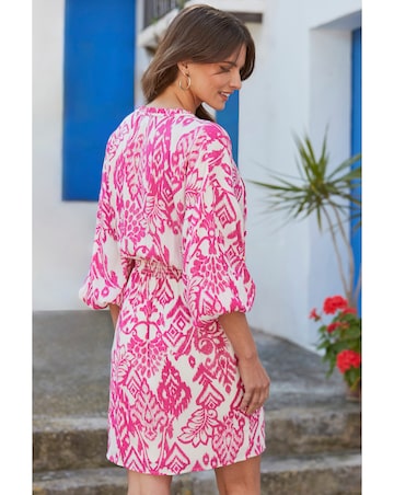Sosandar Pink & White Aztec Print Tie Neck Dress
