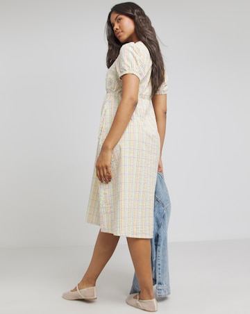 Textured Gingham Midi Dress With Pockets