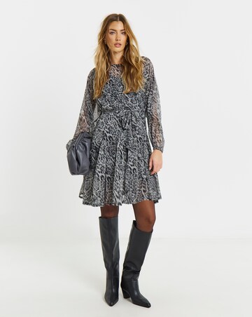 Simply Be Grey Leopard Skater Dress with Godet And Waist Tie Detail