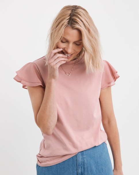 Pure Cotton Blush Crew Neck Chiffon Sleeve Top