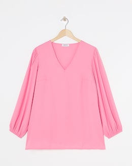 Pink Long Sleeve V Neck Woven Boxy Blouse
