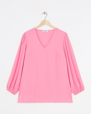 Pink Long Sleeve V Neck Woven Boxy Blouse