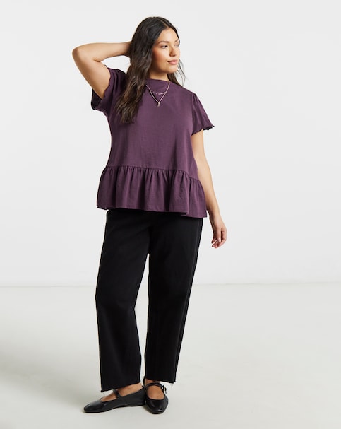 Simply Be Blackcurrant Ruffle Sleeve Peplum Tee