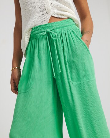 Green Crinkle Tie Waist Wide Leg Culotte