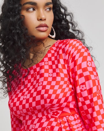 Twisted Wunder Pink Flower Check Flared Sleeve Mini Dress