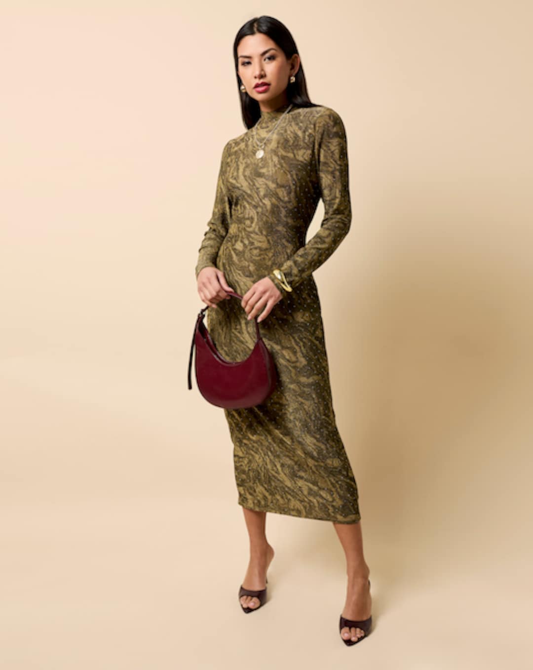 knee length dresses for ladies Little Mistress By Vogue Williams Long Sleeve Green Midaxi Dress