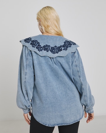 Mid Wash Puff Sleeve Denim Blouse with Embroidered Collar