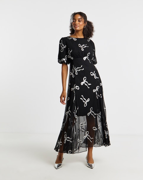 Joanna Hope Metallic Bow Dress With Sheer Skirt