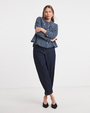 Indigo Boucle Peplum Collarless Denim Jacket