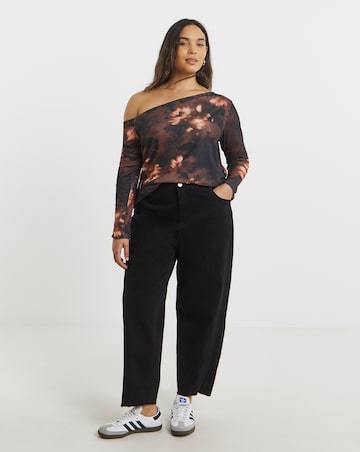 Brown Floral Print Asymmetric Shoulder Mesh Top