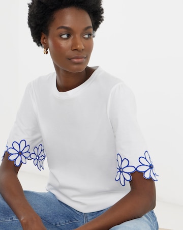 Embroidered Flower Sleeve Longline T-Shirt