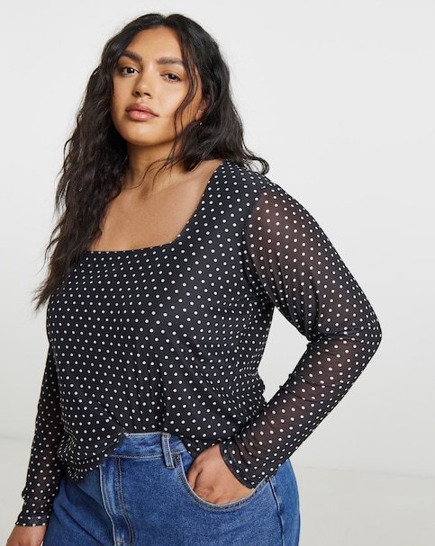 Black & White Ditsy Spot Print Square Neck Mesh Top