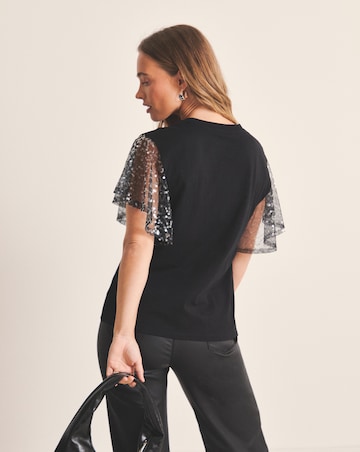 Simply Be Silver Sequin Angel Sleeve Slim Fit T-Shirt