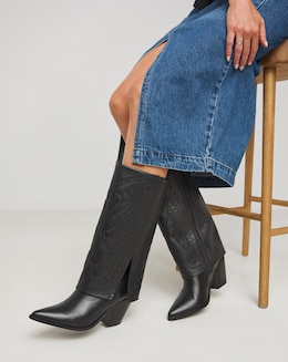 Mara Leather Embroidered Cuff Western Boots - Wide Fit (E) &amp; Curvy Calf