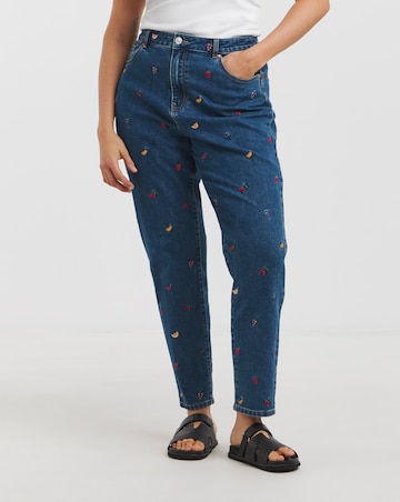 Simply Be Indigo Fruit Salad Embroidered Mom Jeans