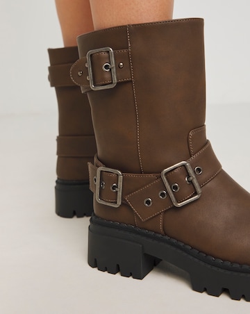 Stevie Multi Buckle Chunky Ankle Biker Boots - Extra Wide Fit (EEE)