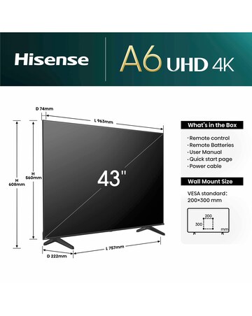 Hisense 43in 43A6NTUK Smart 4K UHD HDR LED TV with Amazon Alexa