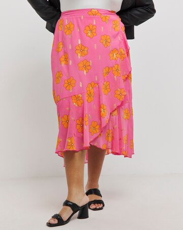 Pink and Orange Floral Print Tie Waist Frill Midi Skirt with Gold Foil