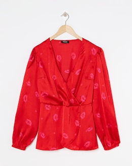 Pink Print Long Sleeve Satin Peplum Blouse