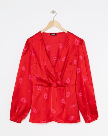 Pink Print Long Sleeve Satin Peplum Blouse