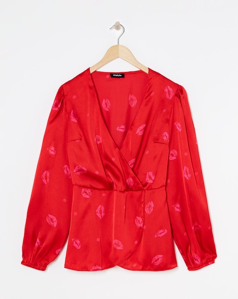 Pink Print Long Sleeve Satin Peplum Blouse