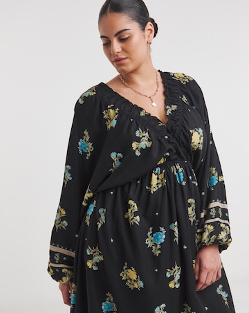 Simply Be Black Floral Printed Linen Blend Midi Dress