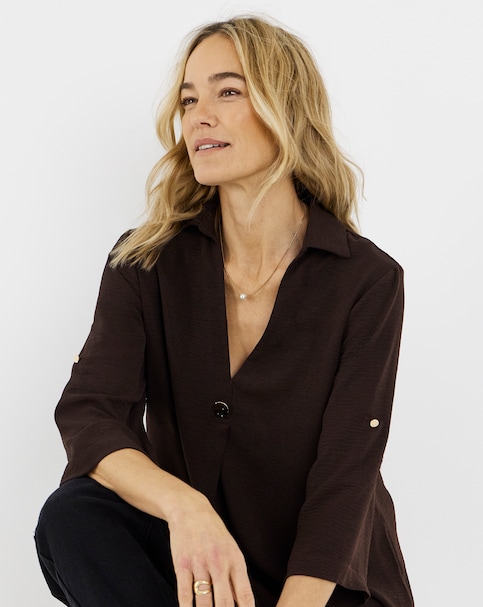 Chocolate Button Detail Collar Popover Top