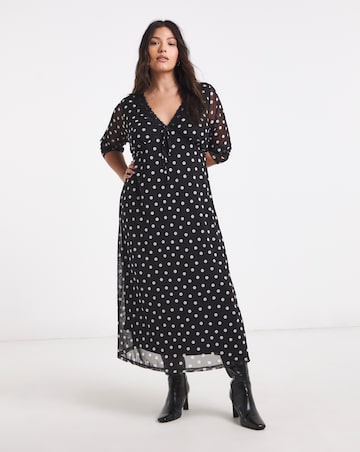 Mono Spot Print Mesh Lace Trim Midi Dress