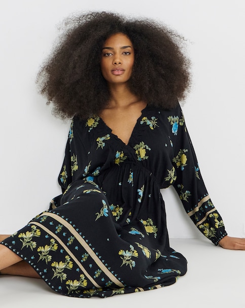 Simply Be Black Floral Printed Linen Blend Midi Dress